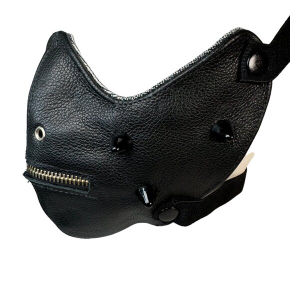 Black Patent Leather Half Face Mask w Zipper Mouth Spikes Goth Industrial Horror - Picture 5 of 7